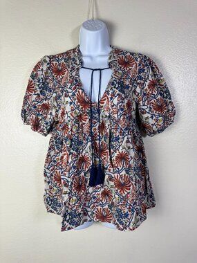 Rain Floral Puff Sleeve Peplum Blouse Tie Neck Size Medium Boho Peasant